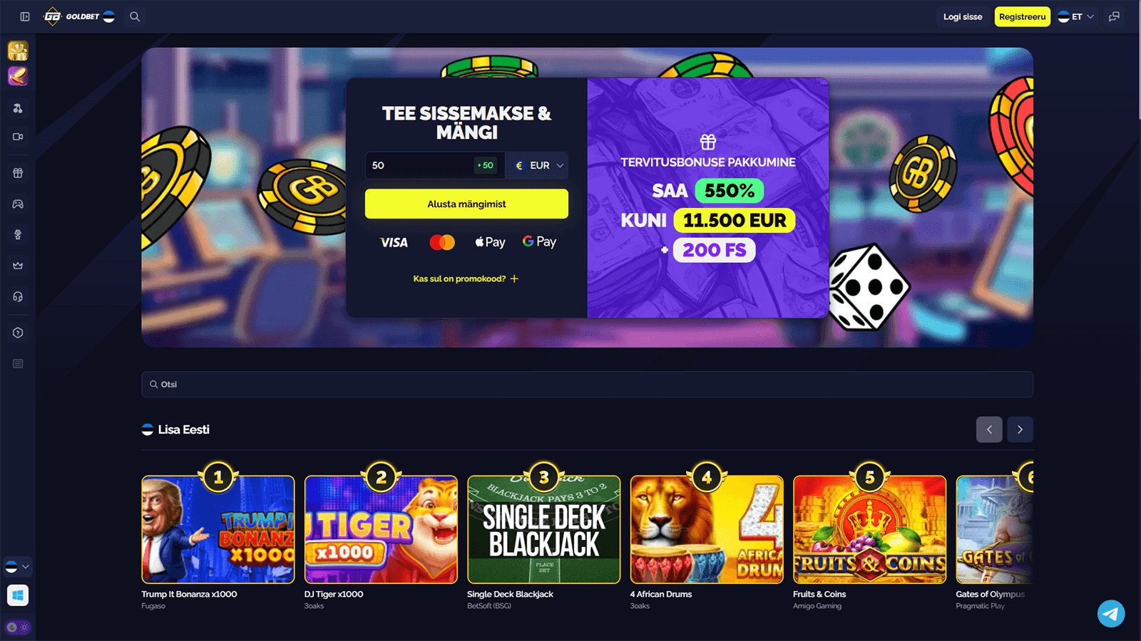 GoldBet kasiino avaleht Eestis 